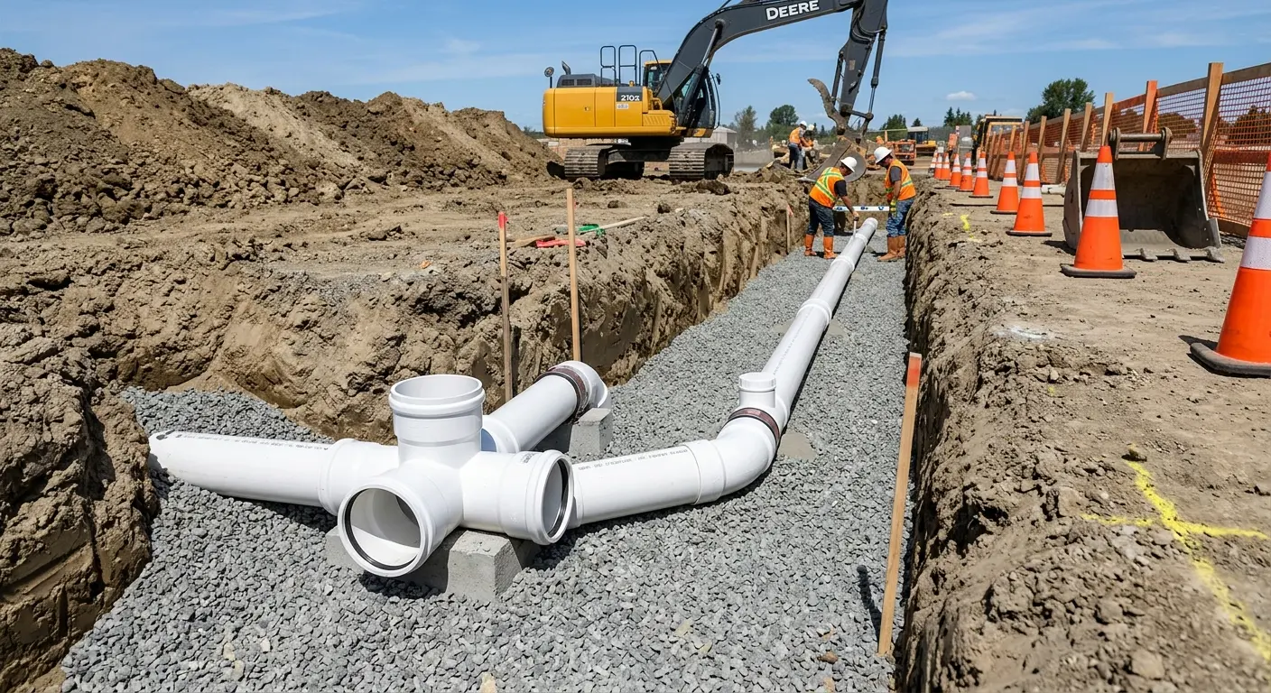 New PVC sewer pipe installation in open trench for Sewer Backup in St. Helens