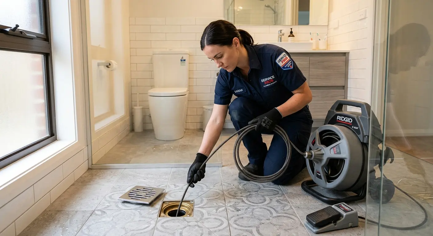 Technician clearing a bathroom floor drain for Sewer Line Replacement in St. Helens